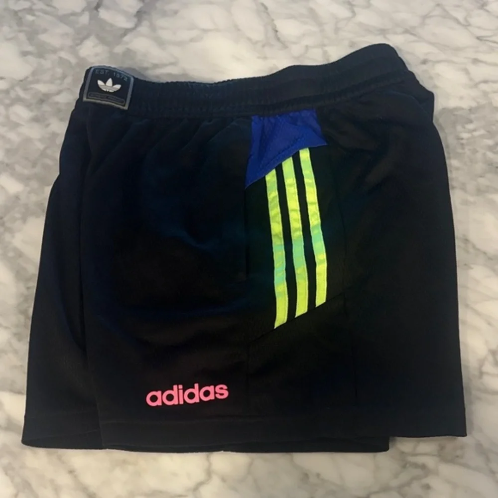 Adidas men’s Black Shorts with Blue and Neon Stripes